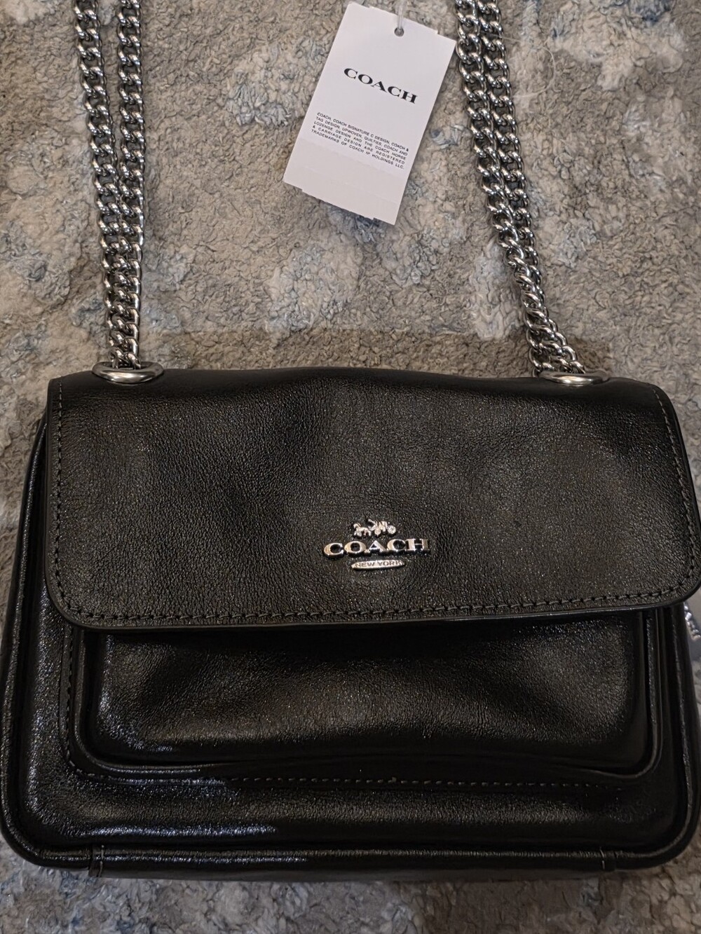 Coach Black Leather Shoulder Bag with Silver Chain Strap